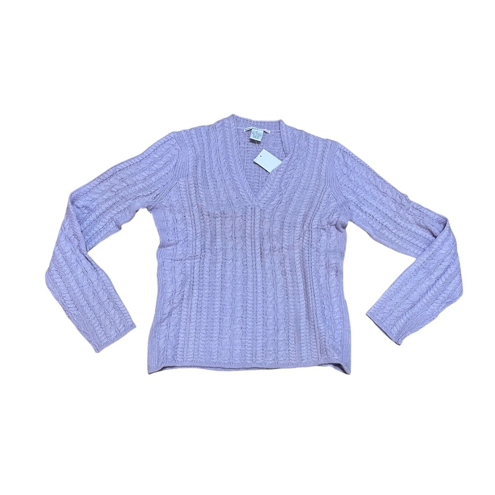 Evelyn Grace Cashmere Lavender Cable Knit V-Neck Sweater 2-Ply Purple Small NWT